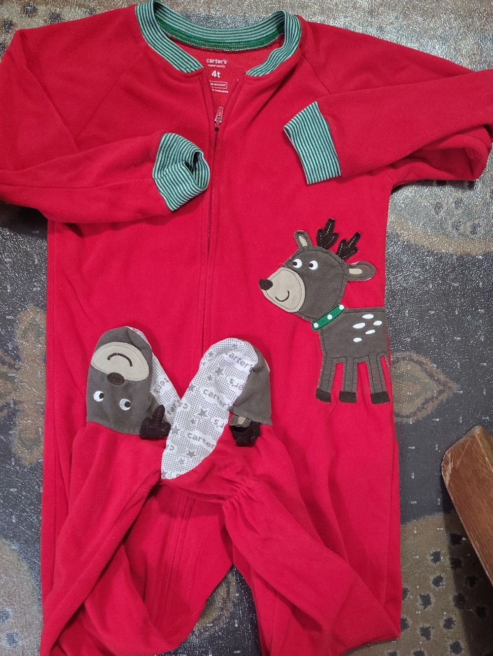 Carter's Red Footed One-Piece with Green Trim and Reindeer Applique4t $25